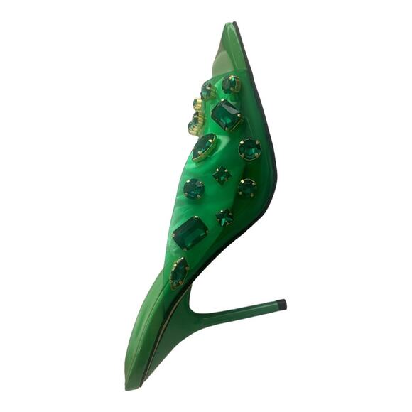 Good American Jeweled Emma Slip Heels Mules Diamonds Square Toe Green Size 10.5 - Picture 2 of 12